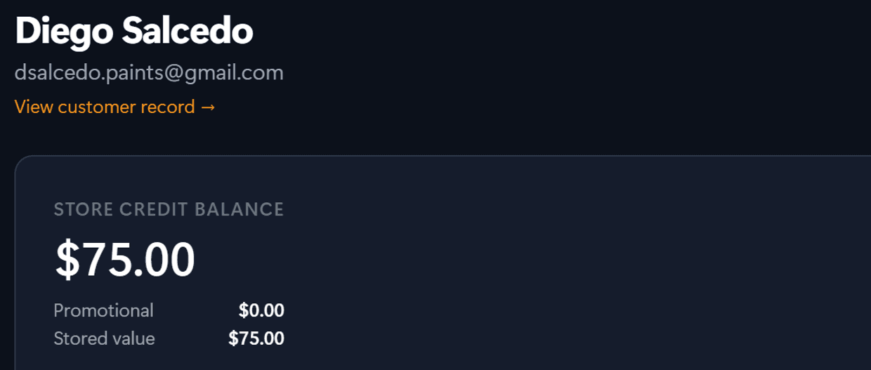 A customer's store-credit page in the GameStoreOS admin, showing a $75 balance