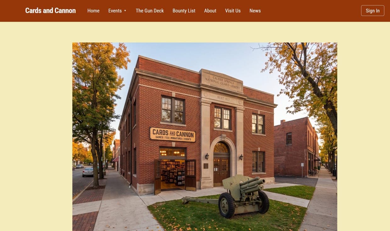 A game store's public website built with GameStoreOS: nav, storefront photo and welcome heading